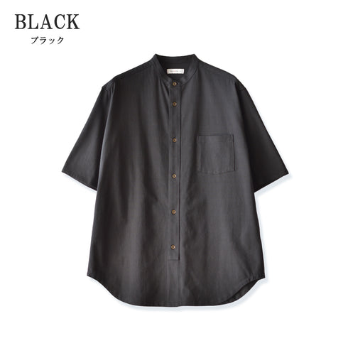 【日本製】 シャツ メンズ 半袖 大きいサイズ ワンポケット 無地 バンドカラー オーガニックコットン 綿100% ブラック(FL24SS-001-bk)